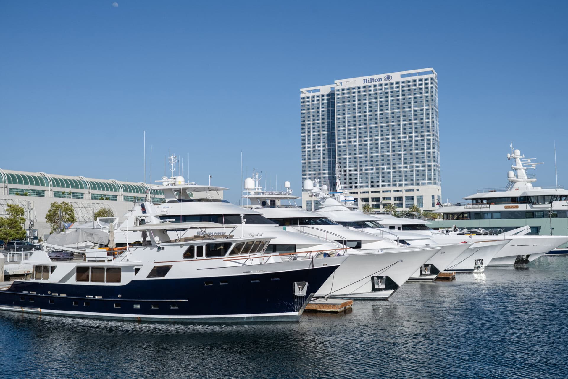 Sailboats docked in the San Diego Bay with a hotel building the background