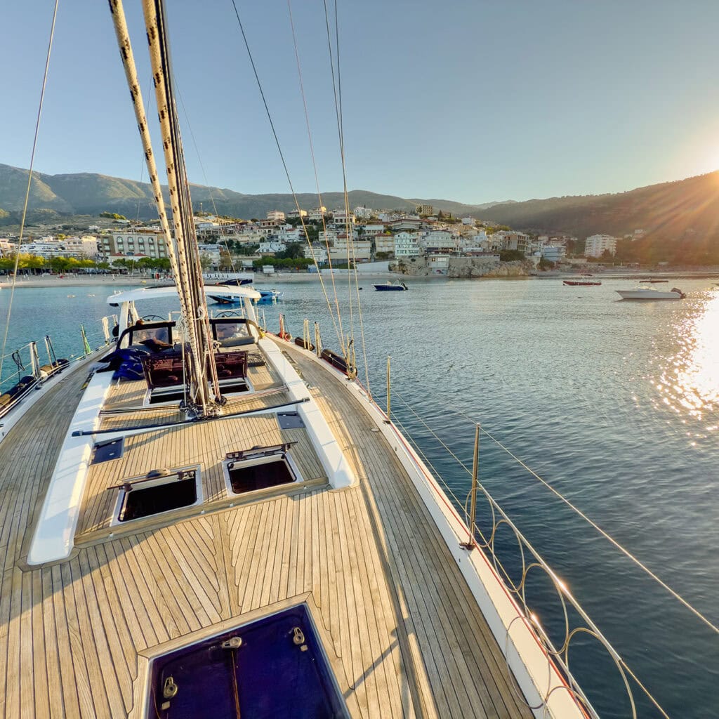 Aerial view of the deck of a yacht in an Albanian harbor.