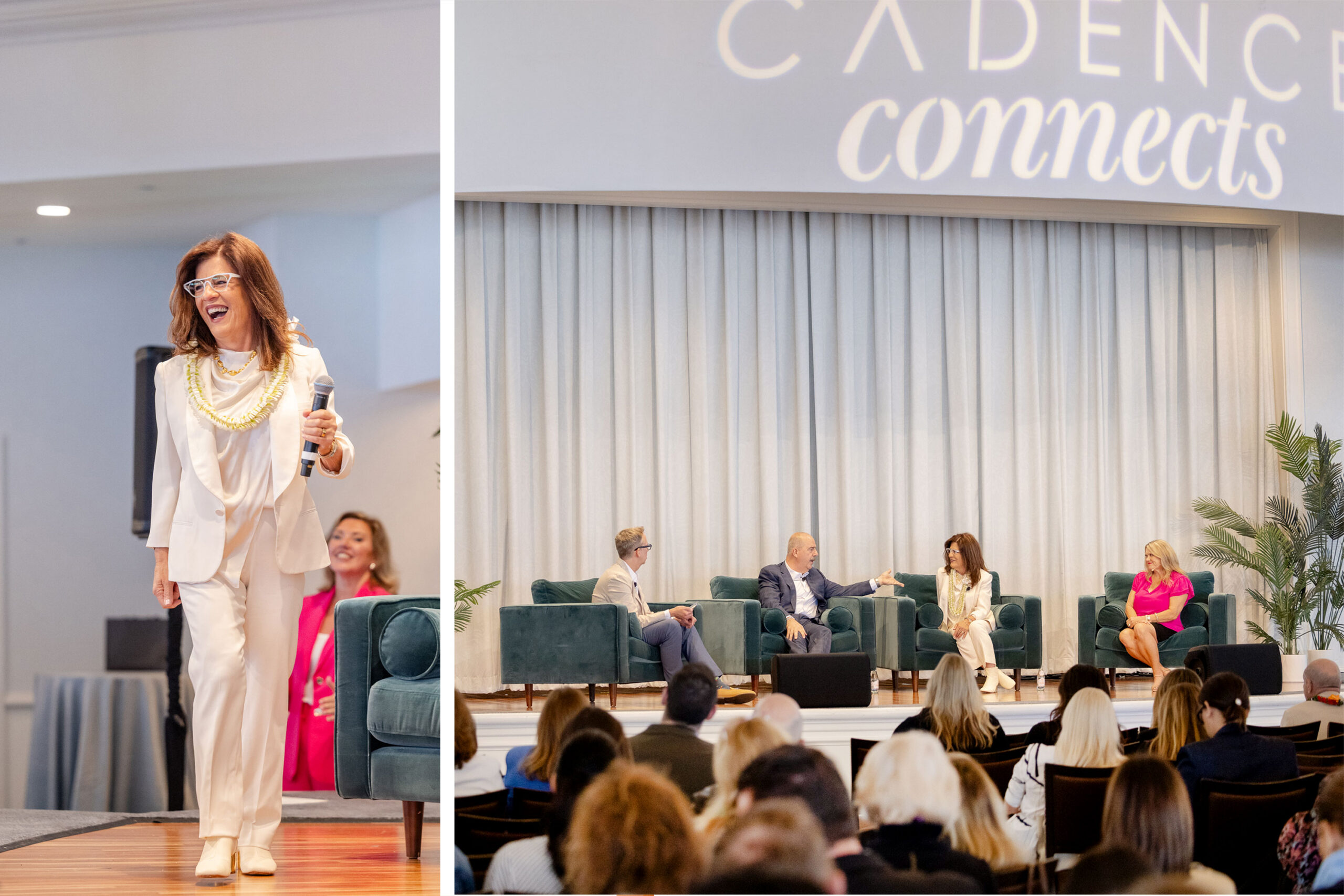 Photo collage of a speaker and a group of panelists on stage at a conference.