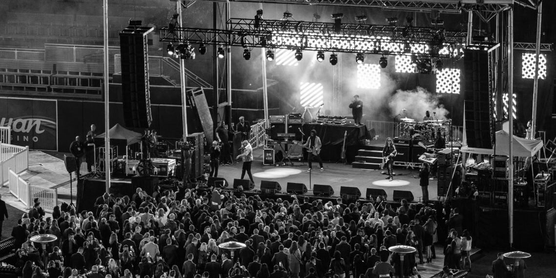 Aerial view of a crowd in front of a stage during a concert at Petco Park